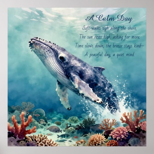Poster Oceanic Blue Whale Watercolor Coastal Art (Devant)