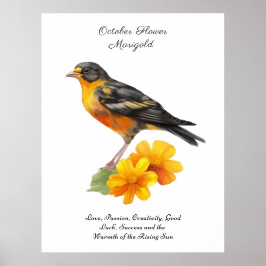Poster Octobre Fleur Marigold et naissance d'oiseaux (Devant)