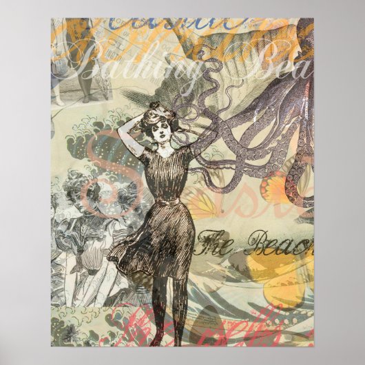 Poster Octopus Beach Antique Côte Steampunk (Devant)