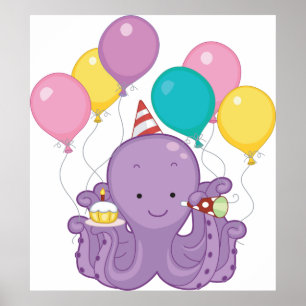 Poster Octopus d'anniversaire avec ballons et cupcake