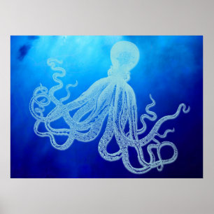 Poster Octopus géant vintage dans l'océan bleu profond