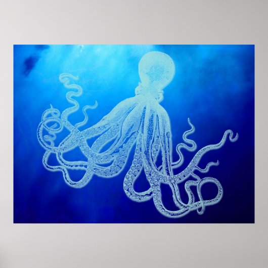 Poster Octopus géant vintage dans l'océan bleu profond (Devant)