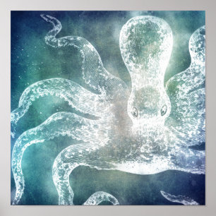 Poster Octopus Midnight Blue Aquarelle Turquoise Art Vint