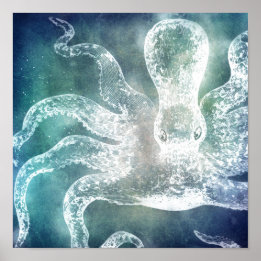 Poster Octopus Midnight Blue Teal Watercolor Vintage