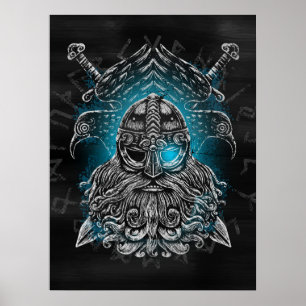 Poster Odin Corbeaux et Épées Œil Lumineux Bleu dieu nord