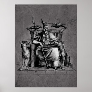 Poster Odin ravens on his stone throne viking mythology