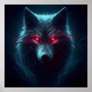 Poster Oeil rouge lumineux du loup noir et fourrure brill