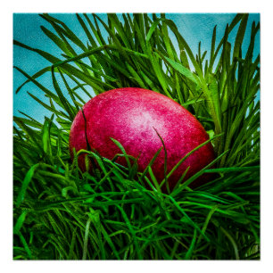 Poster OEuf de Pâques rouge dans l'herbe