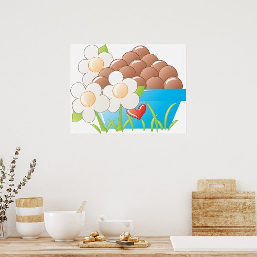 Poster Oeufs en Bleu avec Fleurs et Coeur