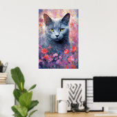 Poster OEuvre d'aquarelle colorée du chat bleu russe (Bureau à domicile)
