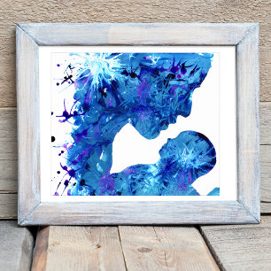 Poster Œuvre d'art abstraite aquarelle Bleu Mère et Enfan