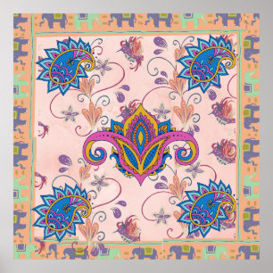 Poster Œuvre d'art boho paisley et motif éléphant_mandala