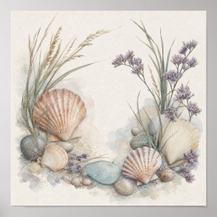 Poster Œuvre d'art carrée sur coquillages côtiers et lava