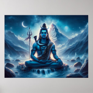Poster Œuvre d'art cosmique bleu serein Lord Shiva Médita