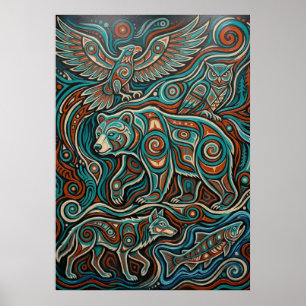 Poster Œuvre d'art d'animal spirituel turquoise et rouge