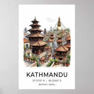 Poster Œuvre d'art de Kathmandou en encre - Pagodes et