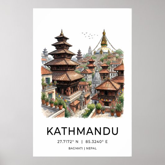 Poster Œuvre d'art de Kathmandou en encre - Pagodes et (Devant)