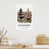 Poster Œuvre d'art de Kathmandou en encre - Pagodes et (Cuisine)