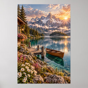 Poster Œuvre d'art de montagne de lac alpin de bateau à r