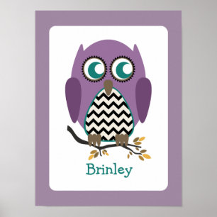 Poster Œuvre d'art de nurserie de hibou chevron violet