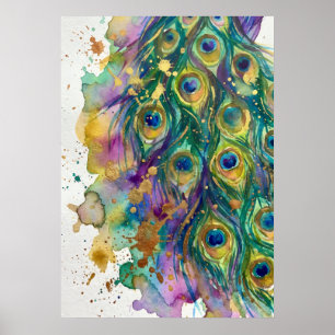 Poster Œuvre d'art de plume de paon à l'aquarelle
