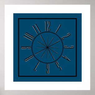 Poster Œuvre d'art Horloge et Boussole Bleu Océan, Noir e