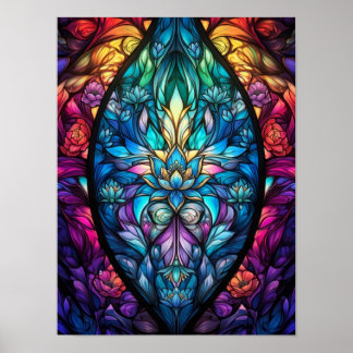 Poster Œuvre d'art mandala en verre coloré floral vibrant