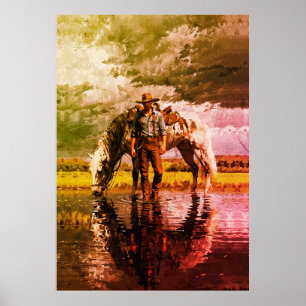 Poster Œuvre d'art murale Cowboy et Cheval - Western
