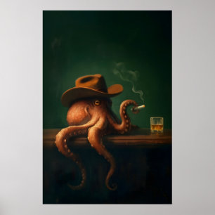 Poster Œuvre d'art murale de cowboy poulpe fumeur, bar à 