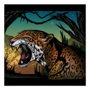 Poster Œuvre d'art murale de la jungle au jaguar grognant