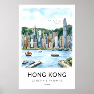 Poster Œuvre d'art murale de la skyline de Hong Kong - Po