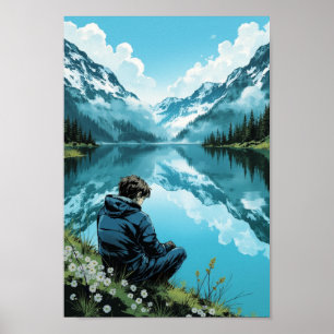 Poster Œuvre d'art murale de lac de montagne serein d'ani