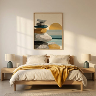 Poster Oeuvre d'art murale de pierres empilées au coucher