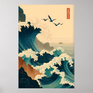 Poster Œuvre d'art murale de vague océanique de style jap