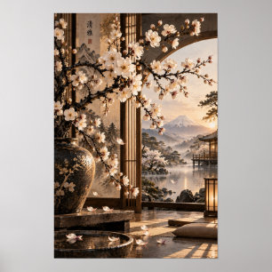 Poster Œuvre d'art murale du jardin japonais White Blosso