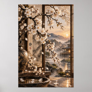 Poster Œuvre d'art murale japonaise Fleur Blanche au couc
