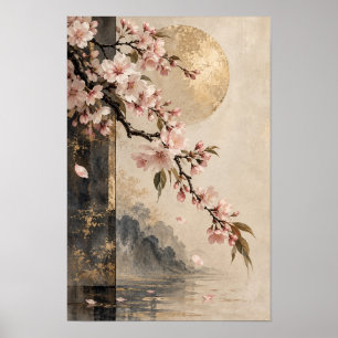 Poster Oeuvre d'art murale Lune dorée Cerisier rose