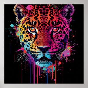 Poster Œuvre d'art murale néon vibrant léopard