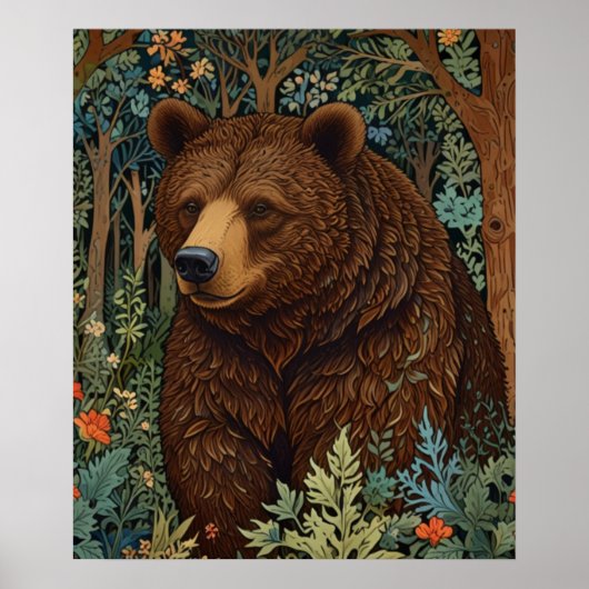 Poster Œuvre d'art rétro ours brun boho forêt boisée (Devant)