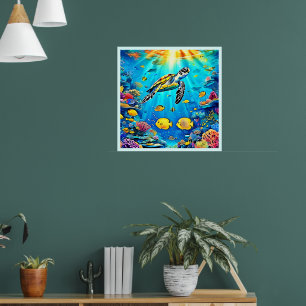 Poster Œuvre d'art vibrante de tortue marine sur récif