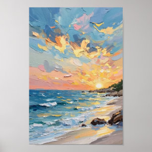 Poster Œuvre d'art vintage sur le coucher de soleil océan