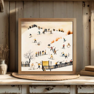 Poster Œuvre d'art vintage sur les skieurs, peinture de p