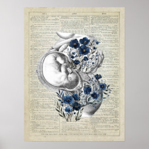 Poster Oeuvre de grossesse Anatomie Womb avec fleurs bleu