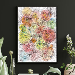 Poster Oeuvre florale détaillée sur l'aquarelle Ombre