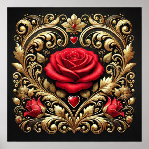 Poster Oeuvre luxueuse Red Rose et Gold Heart