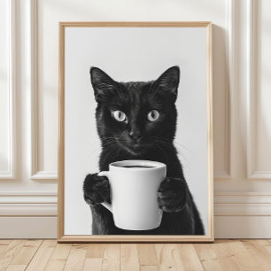 Poster Oeuvre murale Chat noir buvant du café, Noir et Bl
