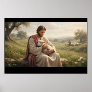 Poster Œuvre murale Jésus tenant un agneau Le Bon Berge