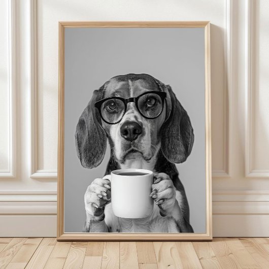 Poster Oeuvre murale représentant un beagle buvant du caf