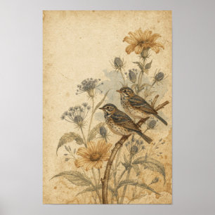 Poster Œuvres d'art murales de pinsons parmi les fleurs d