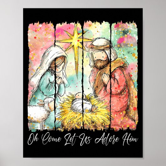 Poster Oh Come Let Us Adore Him Nativity Scene Christian (Devant)